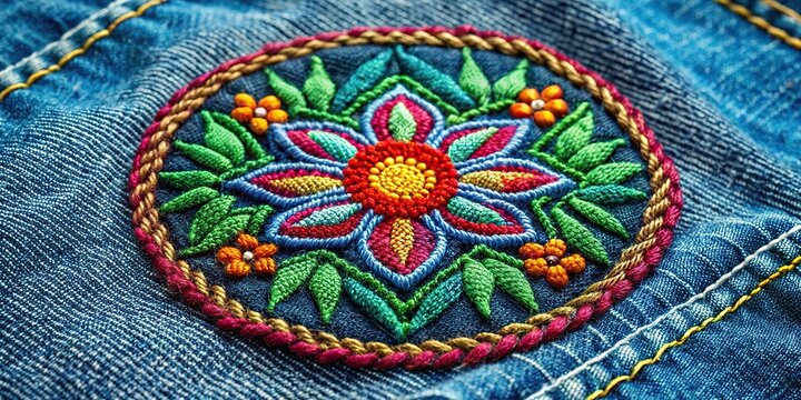 Vibrant embroidered patch on a rustic denim background showcases intricate stitching, detailed threadwork, and subtle texture, highlighting digital design expertise and craftsmanship.