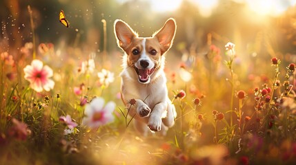 A cheerful dog running exuberantly across a colorful flower field in full bloom, bathed in the warm glow of a sunny day, eyes fixed on a butterfly dancing in the air. Shot with a Nikon D850 50 mm