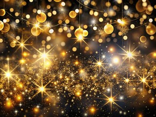 Obraz premium Luxurious black and gold holiday wallpaper features blurred golden sparkles and shimmering Christmas lights, creating a sophisticated and festive atmosphere for wedding celebrations.