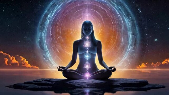 Woman Meditating with Visible Chakras