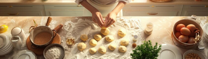 Baking scene with a person preparing dough, ingredients scattered on the countertop, vintage kitchen decor, soft lighting, 3D rendering, nostalgic and cozy mood