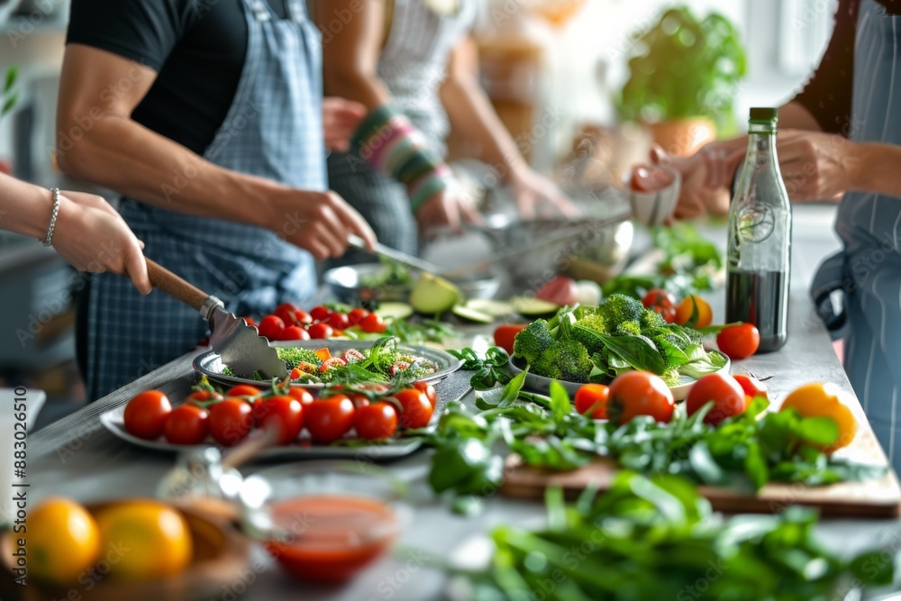 Wall mural team building activity with coworkers participating in a healthy cooking class, promoting nutrition 