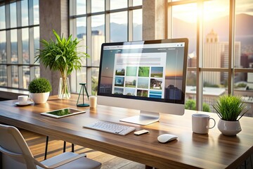 Fototapeta premium Modern office desk with sleek computer, presentation monitor, and creative design elements, showcasing cutting-edge web development, responsive theme, and portfolio template on screen.
