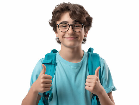 boy, middle school student, about 12 years old, smiling happily and holding a thumbs up, proudly showing his success, wearing glasses, with a backpack, against a plain white background.