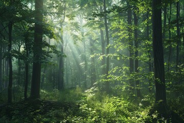 Tranquil forest scene with lush green trees and sunlight filtering through the canopy.