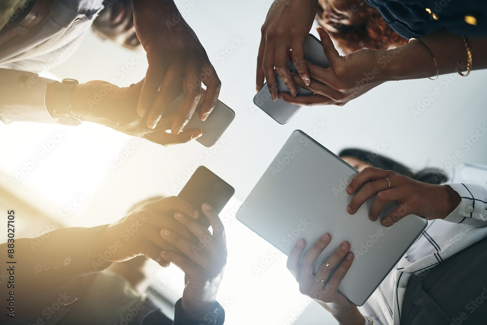 Aufkleber technology, planning and hands of people in circle for data sharing, meeting or collaboration with c