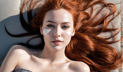 Fototapeta premium Portrait of a young woman with red hair with sunscreen on her face lies on the sand on the beach.