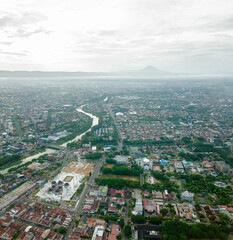 Aerial drone view of cityscape scenery in Banda Aceh, Aceh, Indonesia.