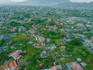 Obraz premium Aerial drone view of cityscape scenery in Banda Aceh, Aceh, Indonesia.