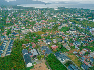 Aerial drone view of cityscape scenery in Banda Aceh, Aceh, Indonesia.
