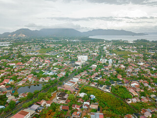 Aerial drone view of cityscape scenery in Banda Aceh, Aceh, Indonesia.