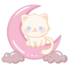 Hand drawn illustration kawaii cute pastel white cat kitten sitting on a pink moon