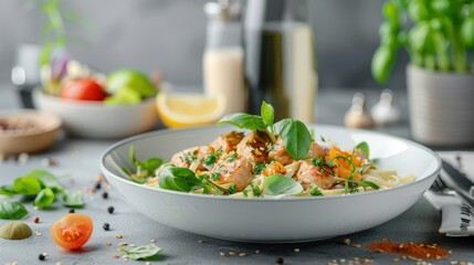A white bowl of pasta with meat and vegetables on a table