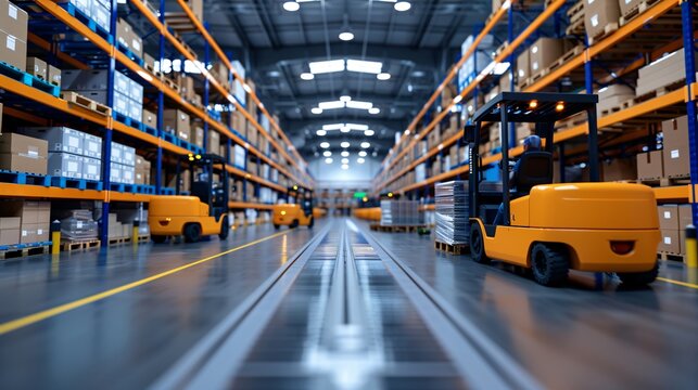 Overview of an intelligent warehouse management system with automated robots and conveyor belts, showcasing the efficient organization of goods.