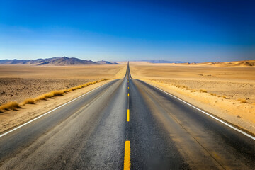 A long road stretches across a desert landscape. The road is empty and the sky is clear