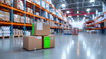 Interior of a smart warehouse with advanced inventory control systems, including barcoding and RFID tagging for precise tracking.