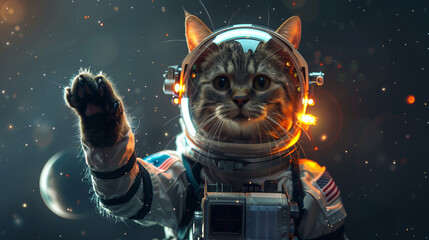 In black space, a cute astronaut cat in a spacesuit hovers among the stars, his big eyes glow with curiosity, and his tail floats freely in zero gravity.