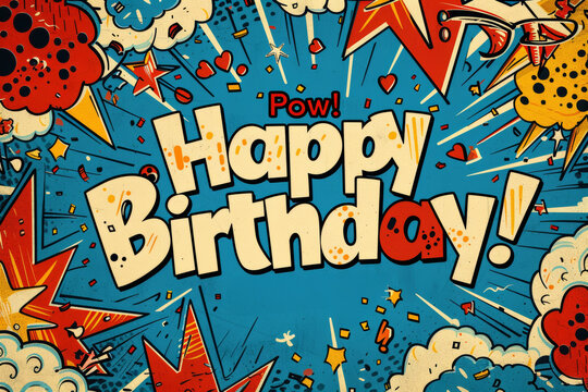 Vibrant Comic Style Birthday Background with Superhero Theme and Action Elements for Party Decor