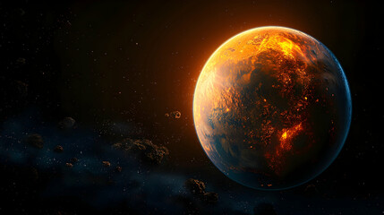 Obraz premium A dystopian solar planet with intense cosmic radiation affecting its surface, creating a harsh and uninhabitable environment 