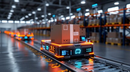 Warehouse using intelligent management systems with interconnected devices, enabling seamless logistics and supply chain management.