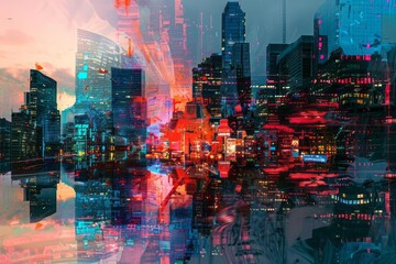 Abstract digital glitch effect cityscape surreal atmosphere