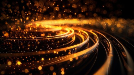 Spiral golden light trails on a dark background, creating a dynamic and futuristic visual effect. Perfect for modern and captivating designs.