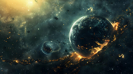 Obraz premium A dystopian solar planet with intense cosmic radiation affecting its surface, creating a harsh and uninhabitable environment 