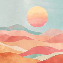 a serene landscape with gentle pastel-colored hills and a large sun in the sky
