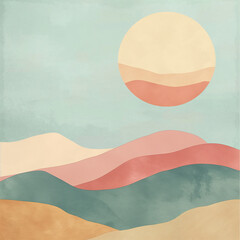 a serene landscape with gentle pastel-colored hills and a large sun in the sky