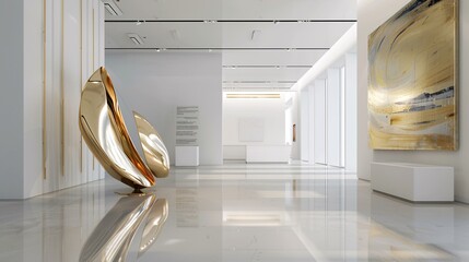 A gold sculpture placed in a modern art gallery with clean lines and minimalist decor, emphasizing the contrast between traditional art and modern surroundings
