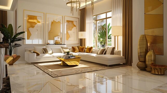 A modern living room with gold accents in the decor, such as gold vases and picture frames, adding a touch of sophistication and opulence