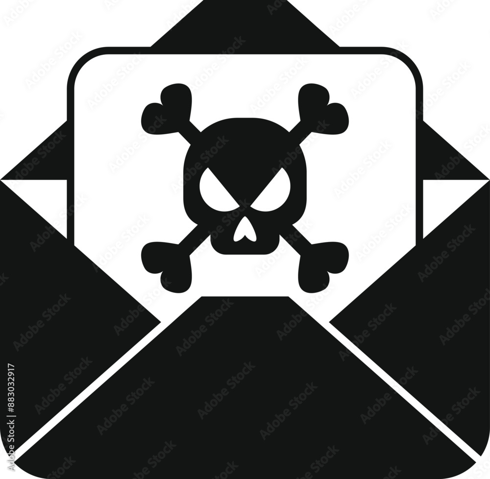 Poster envelope is open and a document with a skull and crossbones is coming out of it, symbolizing a compu
