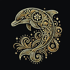 Luxury Gold glittery line art ornamental delphin with vintage flowers, swirls, decorative elements. Isolated beautiful gold lines patterned vector fish on black background. Textured ornate design.