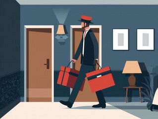 Bellhop, carrying luggage to room, flat design illustration