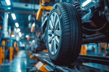 Fototapeta premium Car Wheel Balancing Process for Smooth Driving - Detailed Close-Up View in Professional Garage