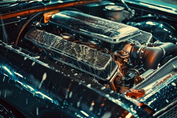 Fototapeta premium Clean Detailing of Car Engine Bay with Soap and Gloves for Professional Automotive Care
