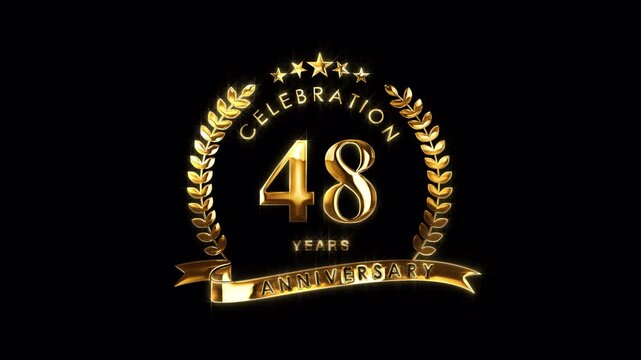 Luxurious 48th Anniversary Celebration. Golden 48 Years Anniversary Animation in Gold Color on the Transparent Background, Alpha Channel. Great for greetings, celebrations, events, and gifts.