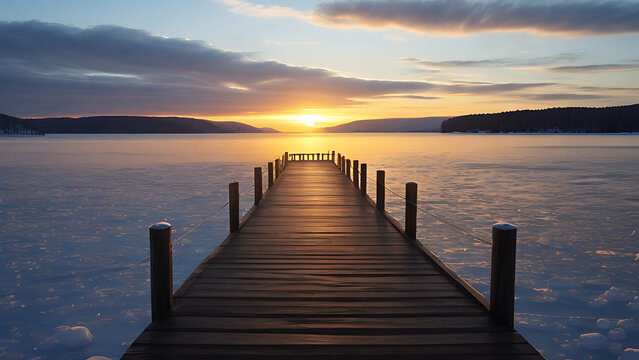 A perfectly symmetrical jetty extends over a frozen lake, with rolling hills visible in the distance.
