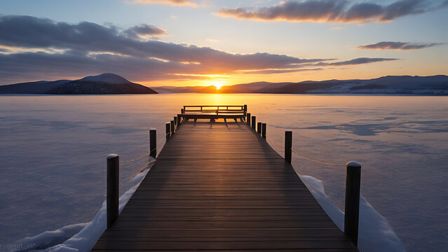 A perfectly symmetrical jetty extends over a frozen lake, with rolling hills visible in the distance.