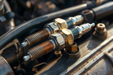 Fototapeta premium Detailed Shot of Car Spark Plugs Emphasizing Engine Performance and Maintenance