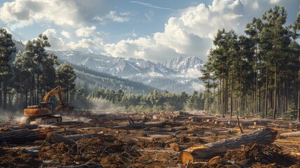 Fototapeta premium An excavator at a logging site in a dense forest with snowy mountains in the background, highlighting deforestation and industrial activity.