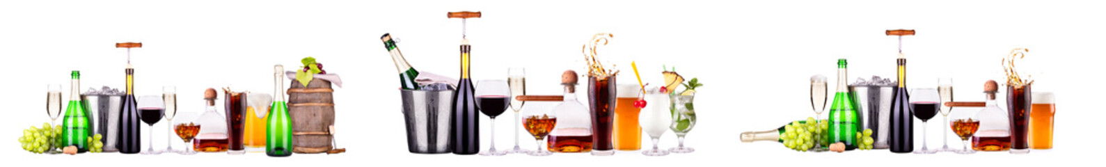 Set of different alcoholic drinks and bottles