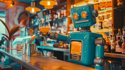 Retro Robot Bartender Serving Drinks in Futuristic 1960s Space Themed Bar