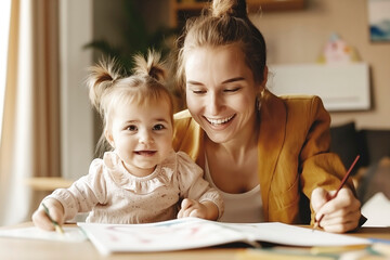 the joy of creativity with a child. a little girl is engaged in writing and drawing with her mother or teacher.
