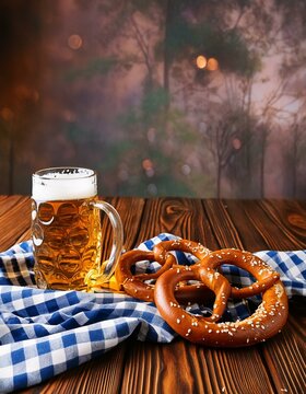 Ein bayrisches Bier und Brezen auf rusikalem Holz und einer bayrischem Tischtuch. Platz f&uuml;r Text. 