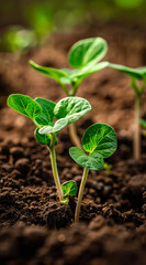 green sprouts close-up from the ground, organic fertilizer, agricultural crops