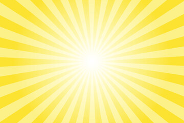 Yellow background with white sun ray. Pattern of starburst. Abstract banana yellow texture with light of sunburst. Radial beam of sunlight. Retro background with flash. Design of sunbeams.
