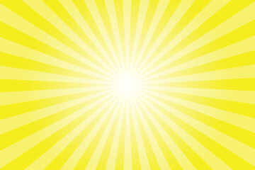 Yellow background with white sun ray. Pattern of starburst. Abstract bright yellow texture with light of sunburst. Radial beam of sunlight. Retro background with flash. Design of sunbeams.