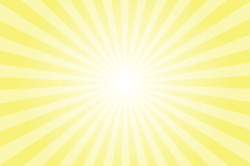 Yellow background with white sun ray. Pattern of starburst. Abstract butter yellow texture with light of sunburst. Radial beam of sunlight. Retro background with flash. Design of sunbeams.