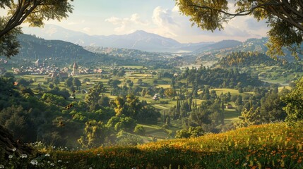 Obraz premium Scenic view of a lush valley with green fields trees and a town in the distance under a clear sky